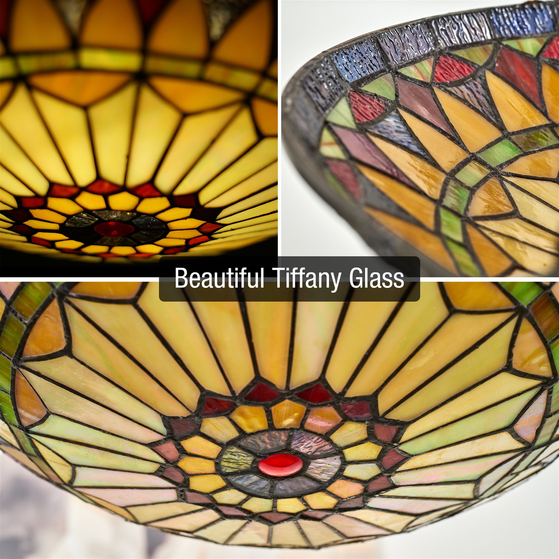 Kira Home Mateo 16" Tiffany Style Flush Mount Ceiling Light, 2-Light Hand-Crafted Art Glass Sunflower Pattern, Black