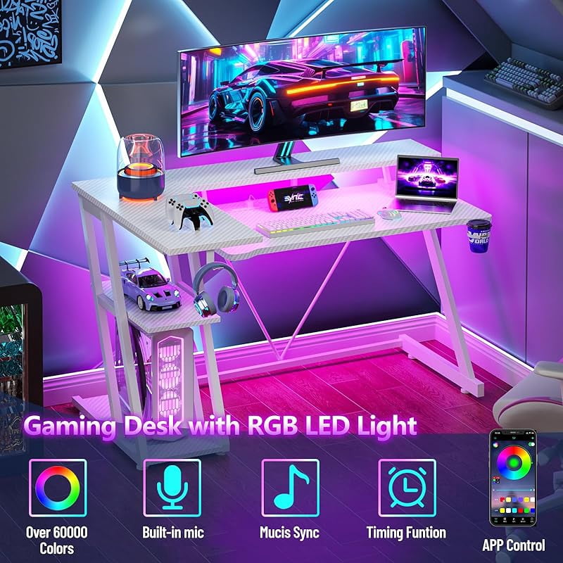 40 Inch Gaming Desk with Power Outlet & LED Lights, L Shaped Computer Gaming Table with 3 Tiers Storage Shelves, Corner Gamer Desk with Monitor Stand for Small Space,