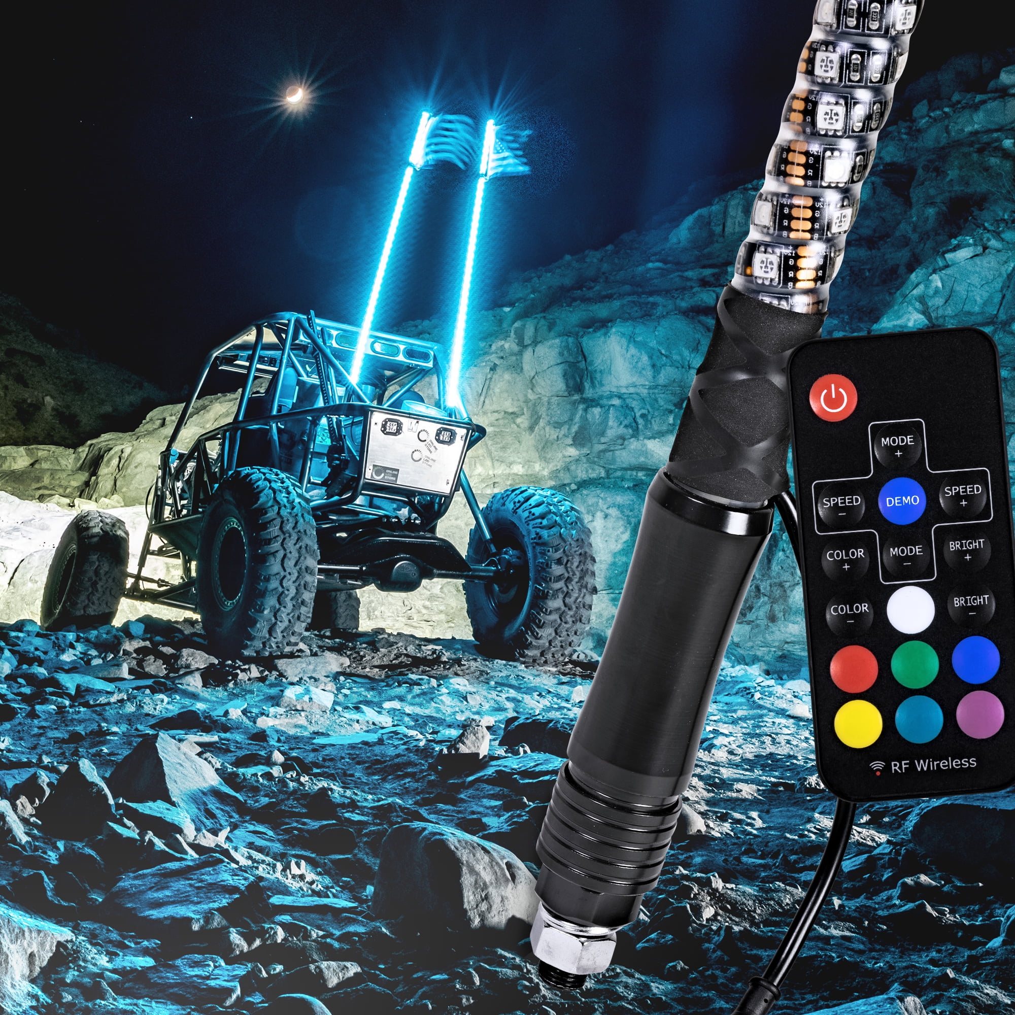 LED Lighted whip 5ft Remote Controlled with American Flag and Quick Connect RZR