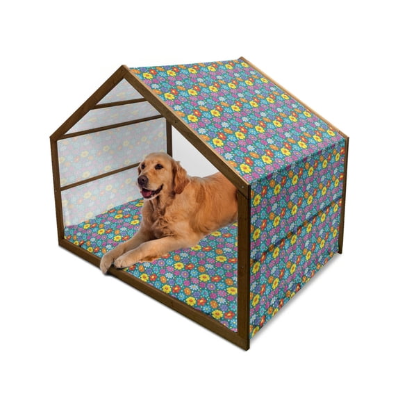 Flower Pet House, Flowering Spring Freshness Playroom Daisy Peony Lily Petals, Outdoor & Indoor Portable Dog Kennel with Pillow and Cover, 5 Sizes, Multicolor, by Ambesonne