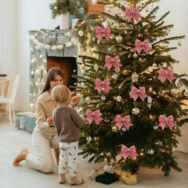 Uklsqma Décoration de Sapin de Noël Nœud Perlé Ornements 2 Pack / Nœuds en Velours à Sequins Rouges 5.9 Pouces / Matériau Epe Léger Doux / Arbre de Fête, Couronne, Guirlande, Emballage Cadeau, Décoration de Fête