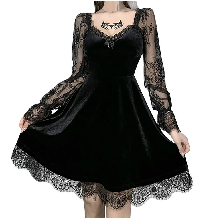 uublik Women Gothic Dress Long Sleeve Hollow Out Lace Patchwork Punk  Evening Dress