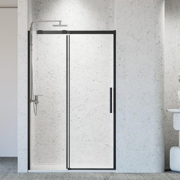 Leumius 44-48" W * 76" H Frameless Single Sliding Shower Door, Boasting a Cut-Free Design, SGCC Certified Tempered Glass & Stainless Steel Accents for Bathroom,Matte Black