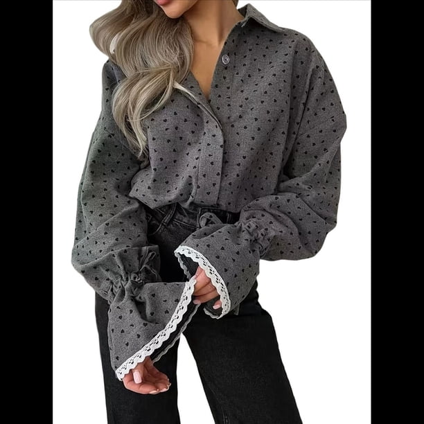 Camisa de Vestir Tipo Cárdigan de Larga con Cuello en V y Botones para Mujer, Estilo Informal, de Otoño. Gris L