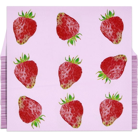 Gift Boutique Strawberry Cocktail Napkins, 100 Count Pink Fruit Beverage Napkins for Summer Parties, Picnics, Bridal Showers, Birthdays, 5 x 5 Inch Disposable Paper Napkins