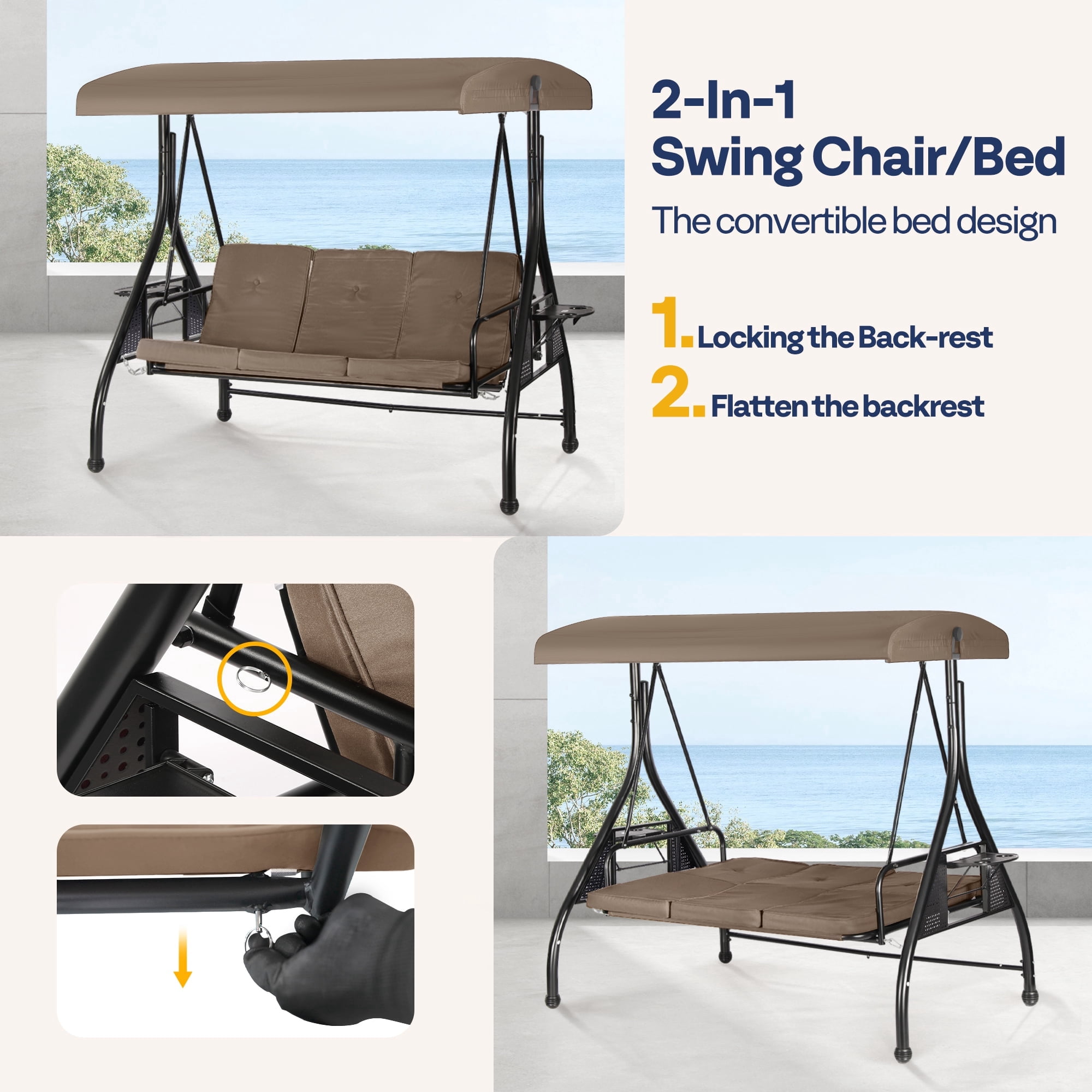 SPECSTAR 3 Seats Patio Swing Chair, Outdoor Converting Canopy Swing Chair w/ Removable Cushion,Swing Glider Hammock for Patio, Garden, Gray