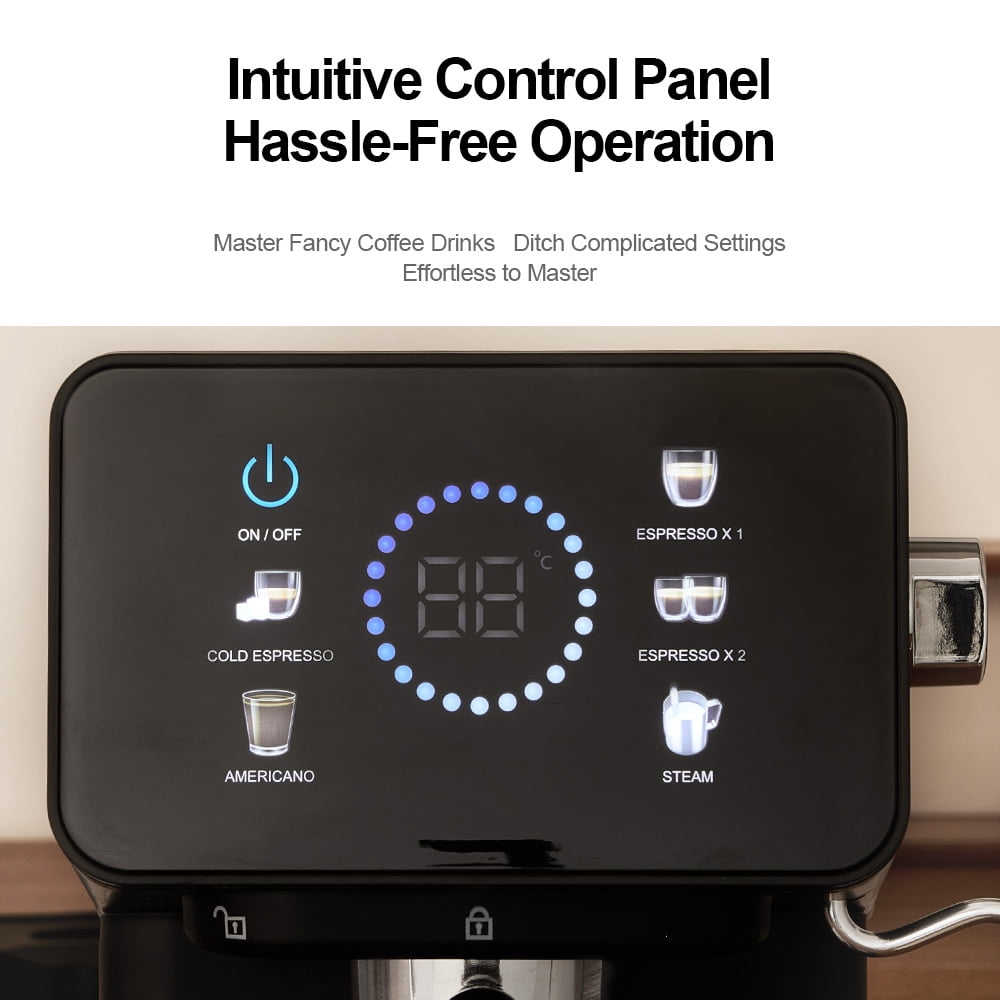 AEOMJK espresso machine with touchscreen operation, 20BAR pressure, capable of making both cold and hot coffee, equipped with a steam wand for frothing