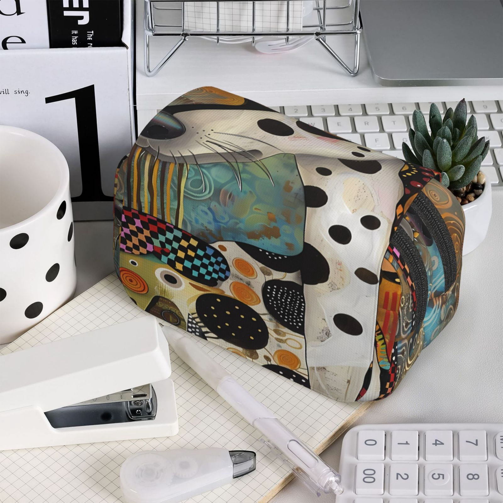 Rateoe Abstract Dalmatian Art Pattern Double Clamshell Pen Case, Storage Organizer with Two Zipper Compartments– Holds Up to 50 Pencils & Pens
