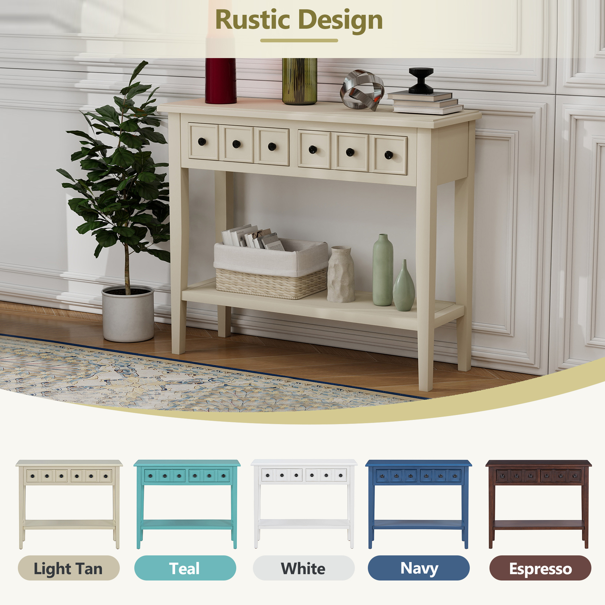 EUROCO 38.2" Console Table,Sofa Table Entryway Table with Rubber Wood Legs,2 Drawers and Open Shelf,Rustic Hallway Accent Table for Living Room, Entrance,Light Tan