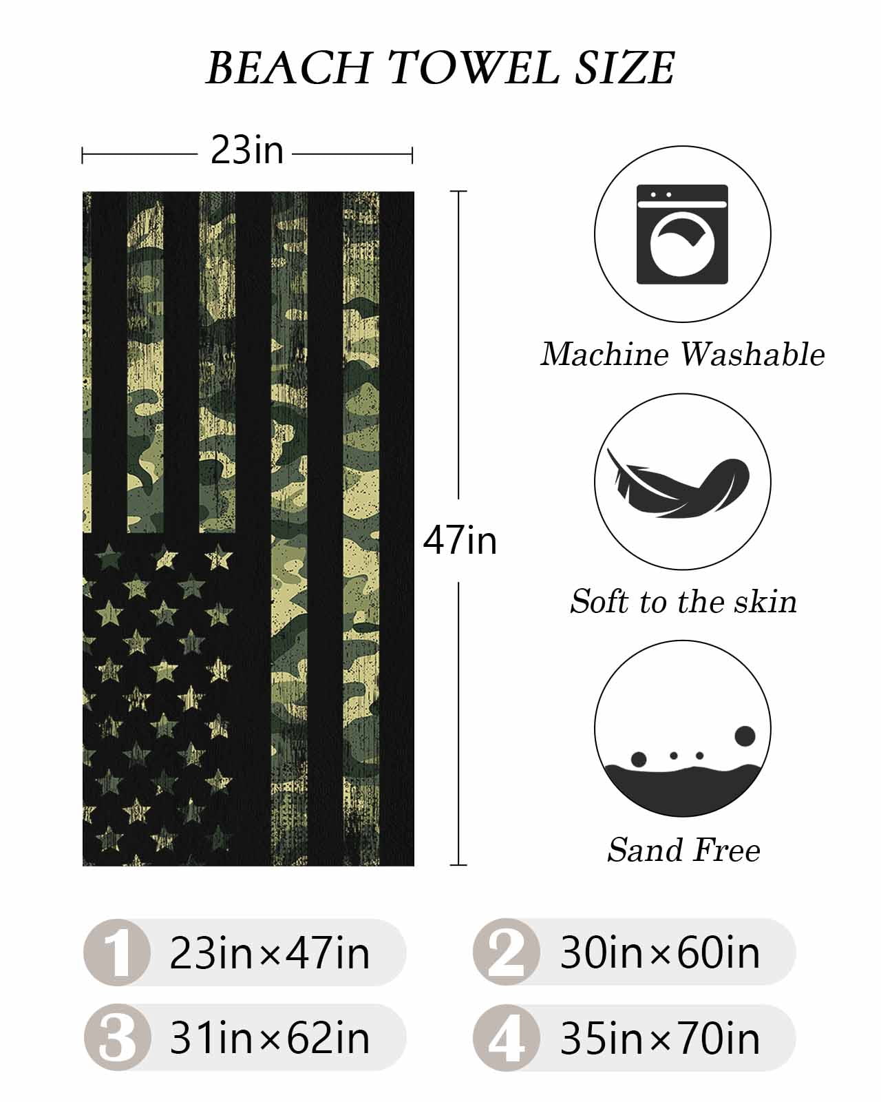 Green Camouflage American Flag Beach Towels Oversized Super Absorbent, Wooden Grain Lightweight Bath Towel Quick Dry Sets For Bathroom/Pool/Rv Camping/Beach Play/Gym Room/Picnic 35"x70"