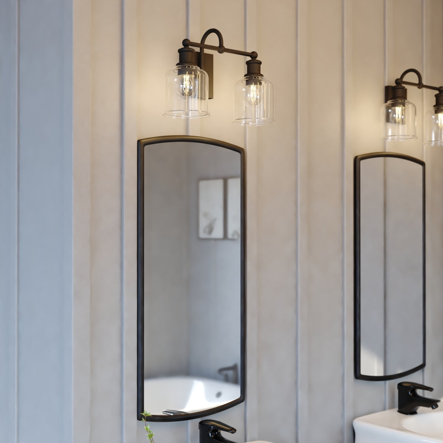 Northbrook 2-Light 16 in. Wide Matte Black Traditional Bathroom Vanity Lighting Fixture, Clear Seeded Cylinder Glass Shade, Dimmable, LED Compatible, Over the Mirror Mounted Steel Wall Sconce