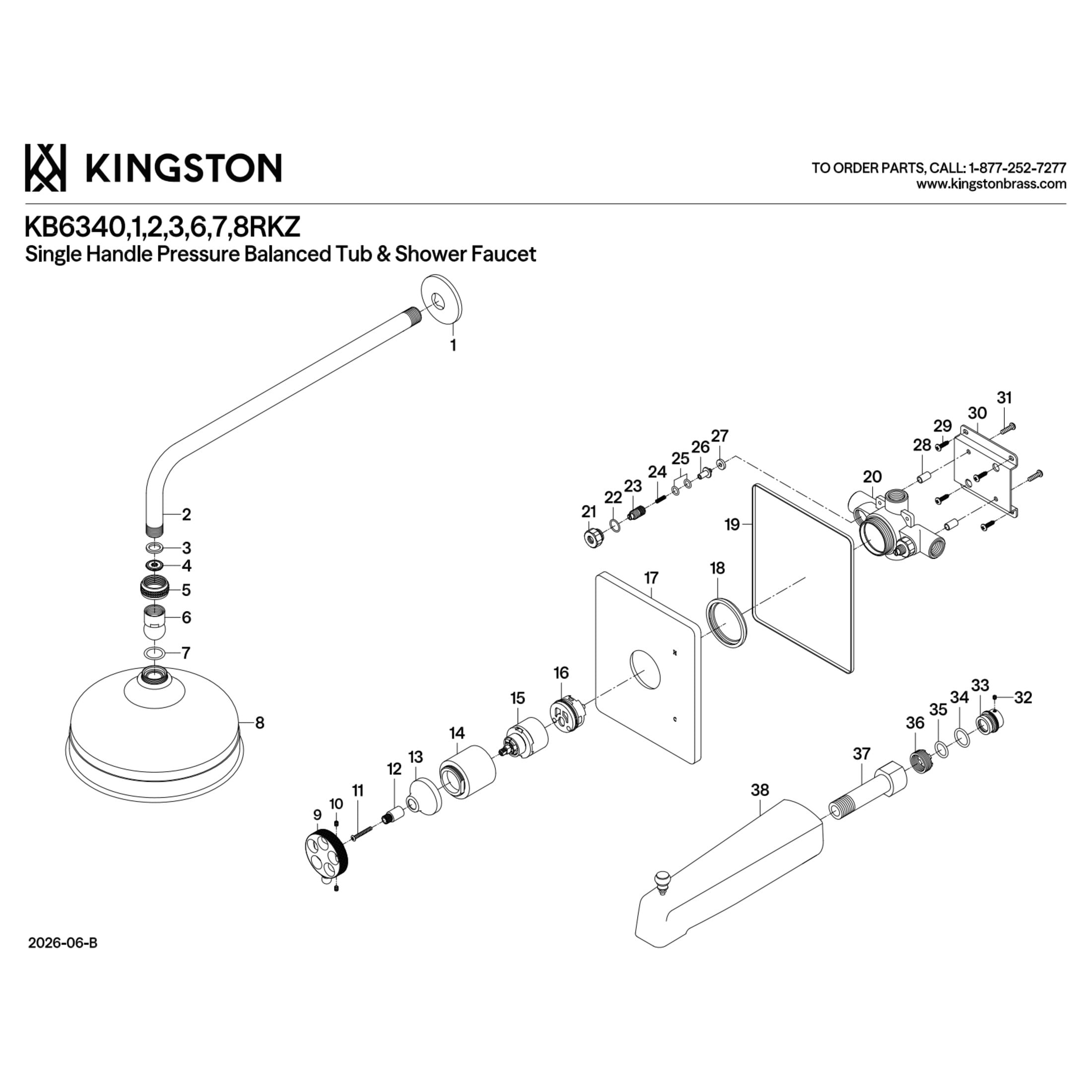 Kingston KB6341RKZ Wendell Knurled Single-Handle Pressure Balanced Tub and Shower Faucet, Polished Chrome