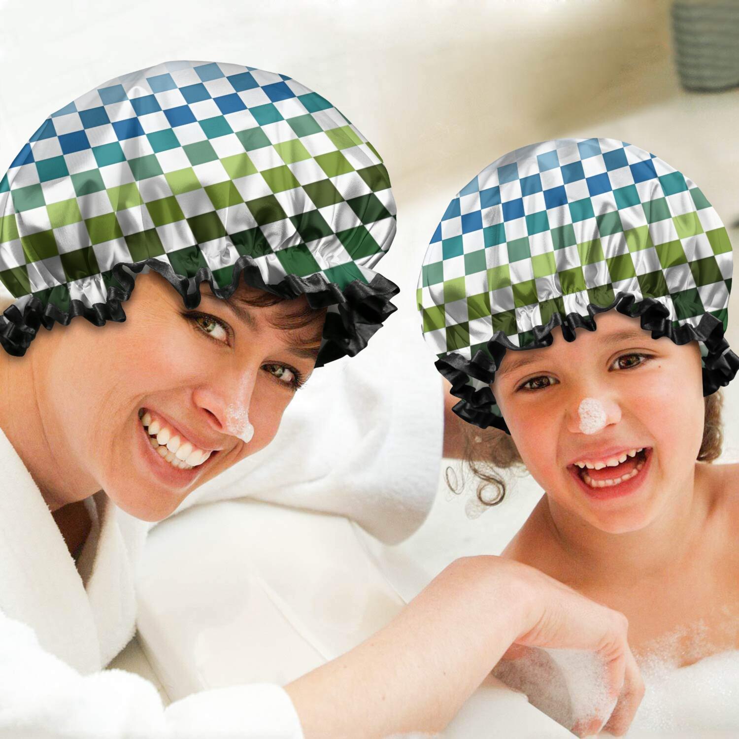 Shower Caps,Colorful Gradient Checkerboard Checkered Pattern Waterproof Shower Cap for Women 4 Pieces,Double Reusable Hair Cover for Shower PEVA Elastic Stretch Hem