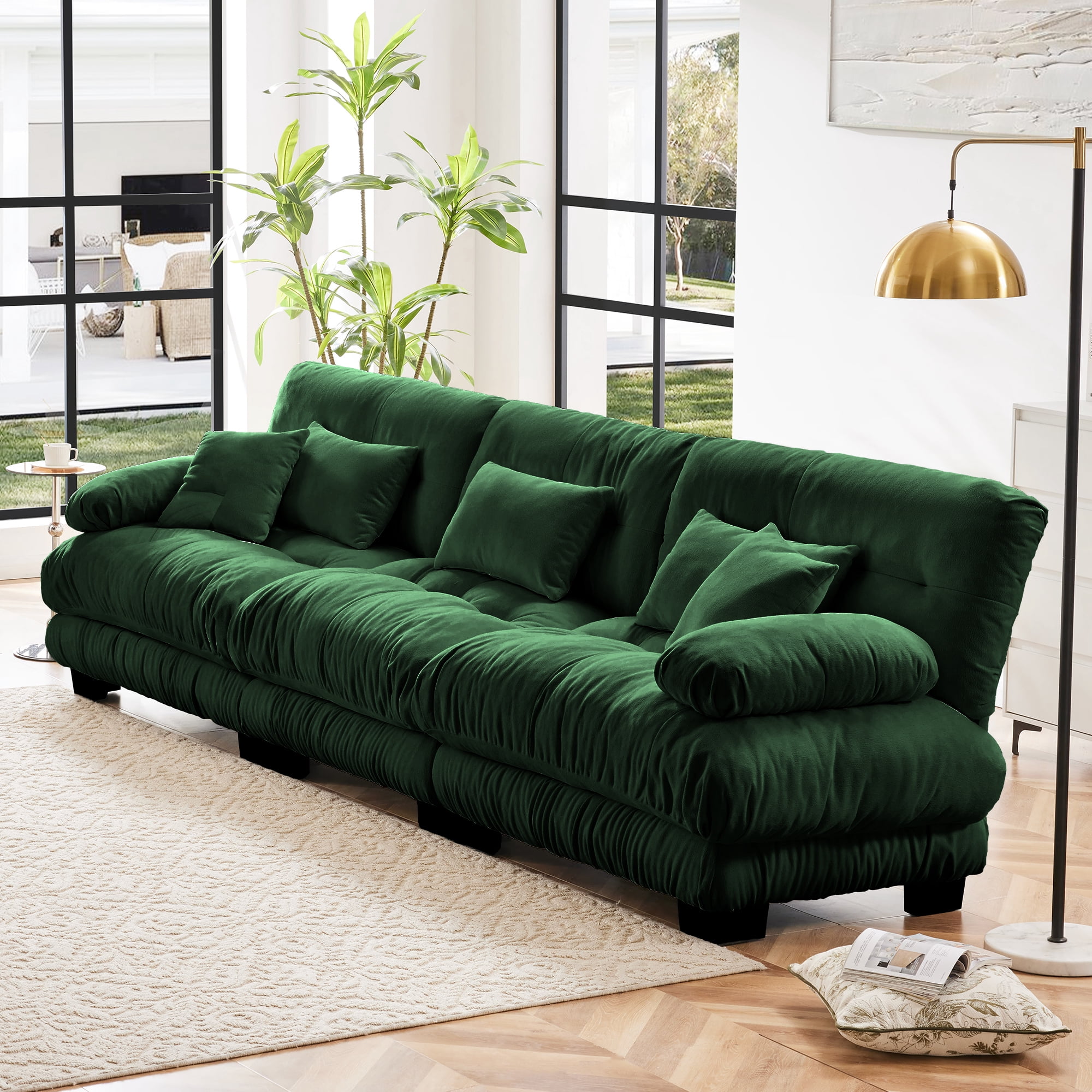 Gewnee 3-Seater 133.8" Modular Sectional Sofa, Deep Seat Chenille Cloud Couch with Lumbar Pillows & Throw Pillows, Upholstered Sofa for Living Room, Green