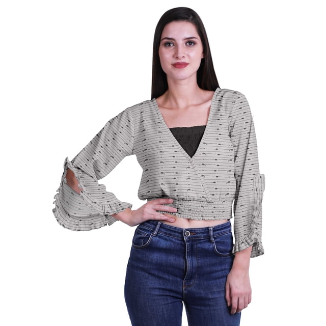 Moomaya Haut Court Imprimé pour Femmes Style Enveloppant Manches Longues à Volants Blouse d'Été Décontractée