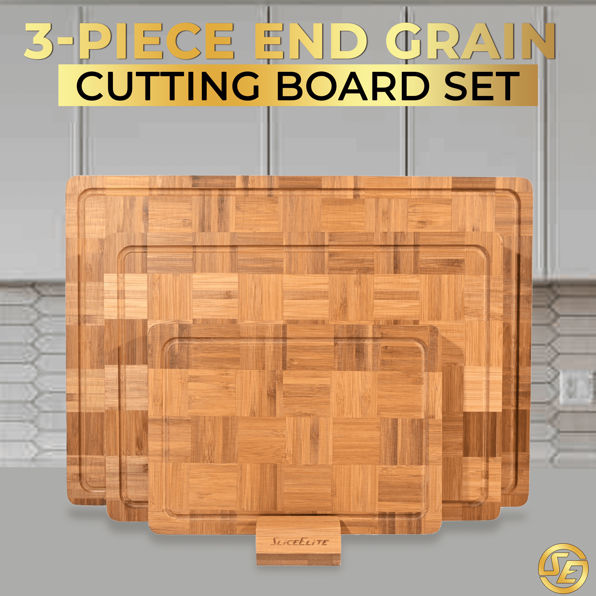 SliceElite 3-Piece Extra Large End Grain Bamboo Cutting Board Set with Holder
