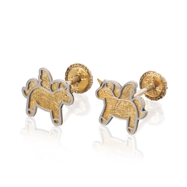 GIALLO | Aretes de oro 14K broquel Unicornios oro blanco y amarillo diseño en lineas GIALLO Para bebés, niñas y mujeres