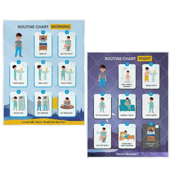 Morning and Night Routine Chart Set for Kids 2 Pack Step-by-Step Visual Schedule 9x12 Laminated Self-Care Educational Charts for Children Special Needs and Autism with Wipeable Task Boxes