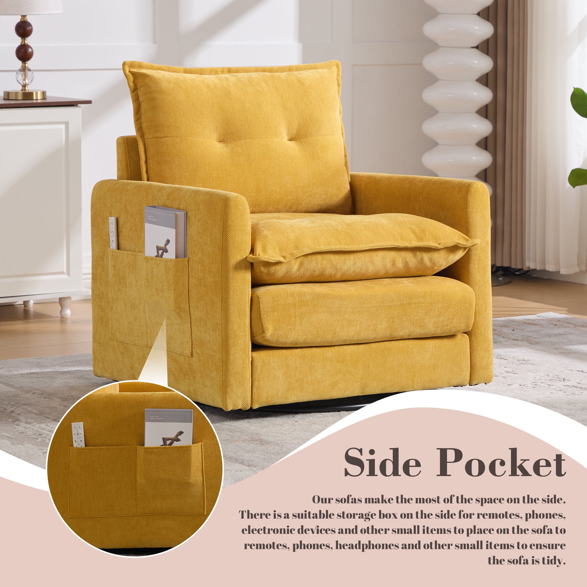 Leumius Swivel Accent Chair,Mid Century Modern Chenille Armchair with Thick Padded and Metal Base,Swivel Single Sofa Chair Barrel Reading Chair for Living Room Bedroom,Mustard Yellow