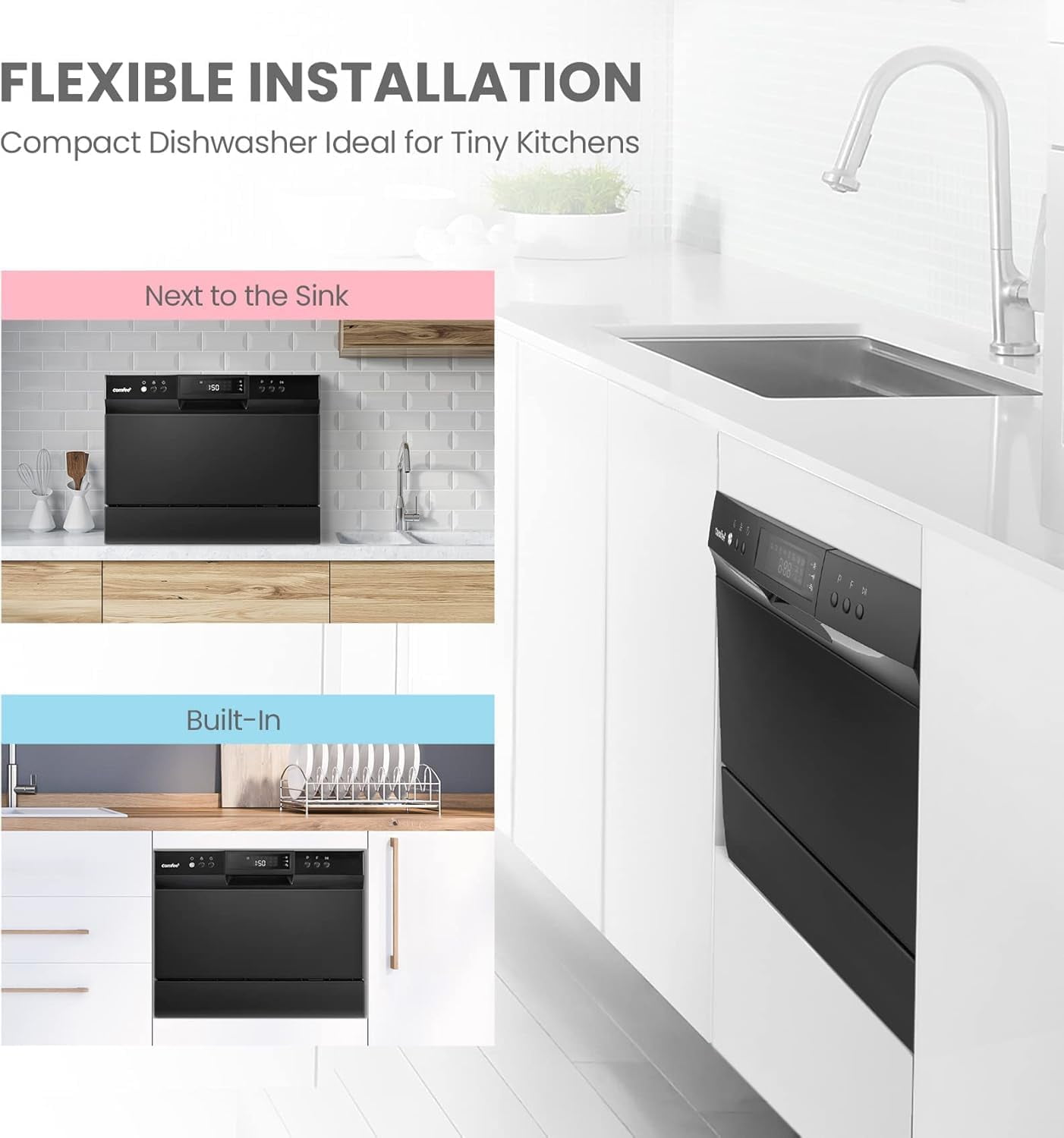 COMFEE' Energy Star Countertop Dishwasher, 6 Place Settings & 8 Programs, Speed/Baby-Care/Eco/Glass, Black