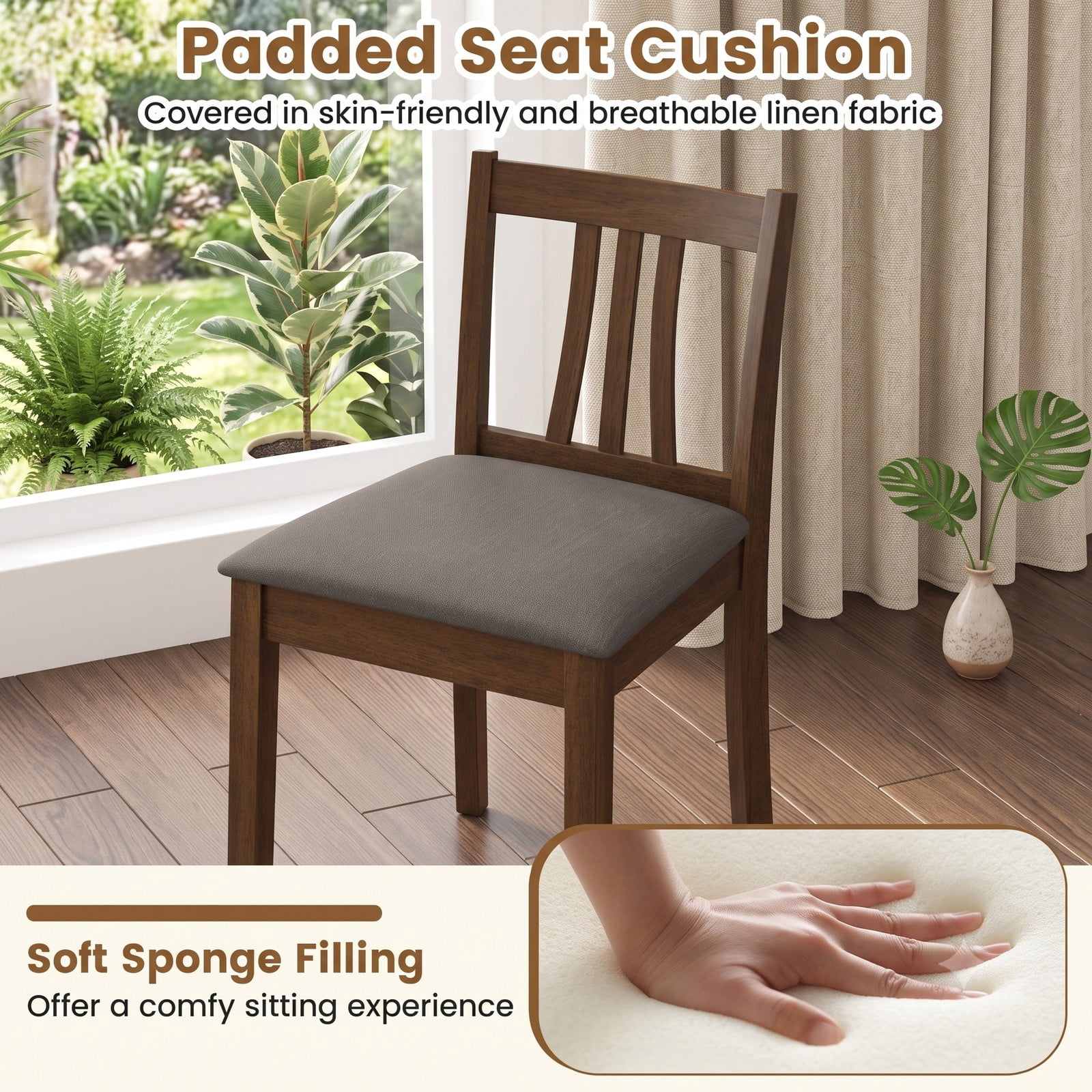 Furnibear Wooden Dining Chairs Set of 2, Linen Fabric Upholstered Kitchen Side Chairs with Rubber Wood Frame, Ergonomic Slatted Backrest, Padded Seat for Dining, Brown