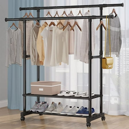 Double Rods Clothing Rack with Wheels and 2-Tier Storage Shelf Portable Garment Rack Wardrobe Organizer for Bedroom/Living Room Black