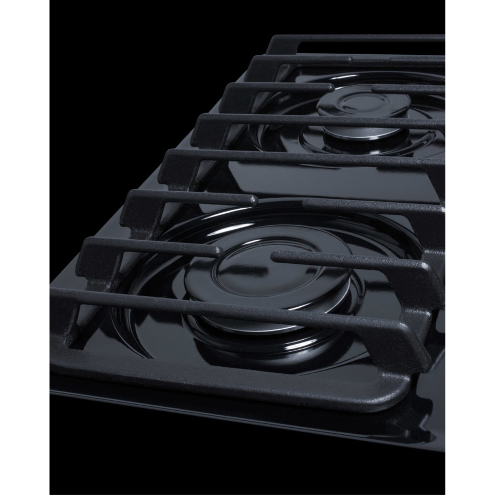 30" wide cooktop with four sealed burners, black porcelain finish, and cast iron grates; made in the USA