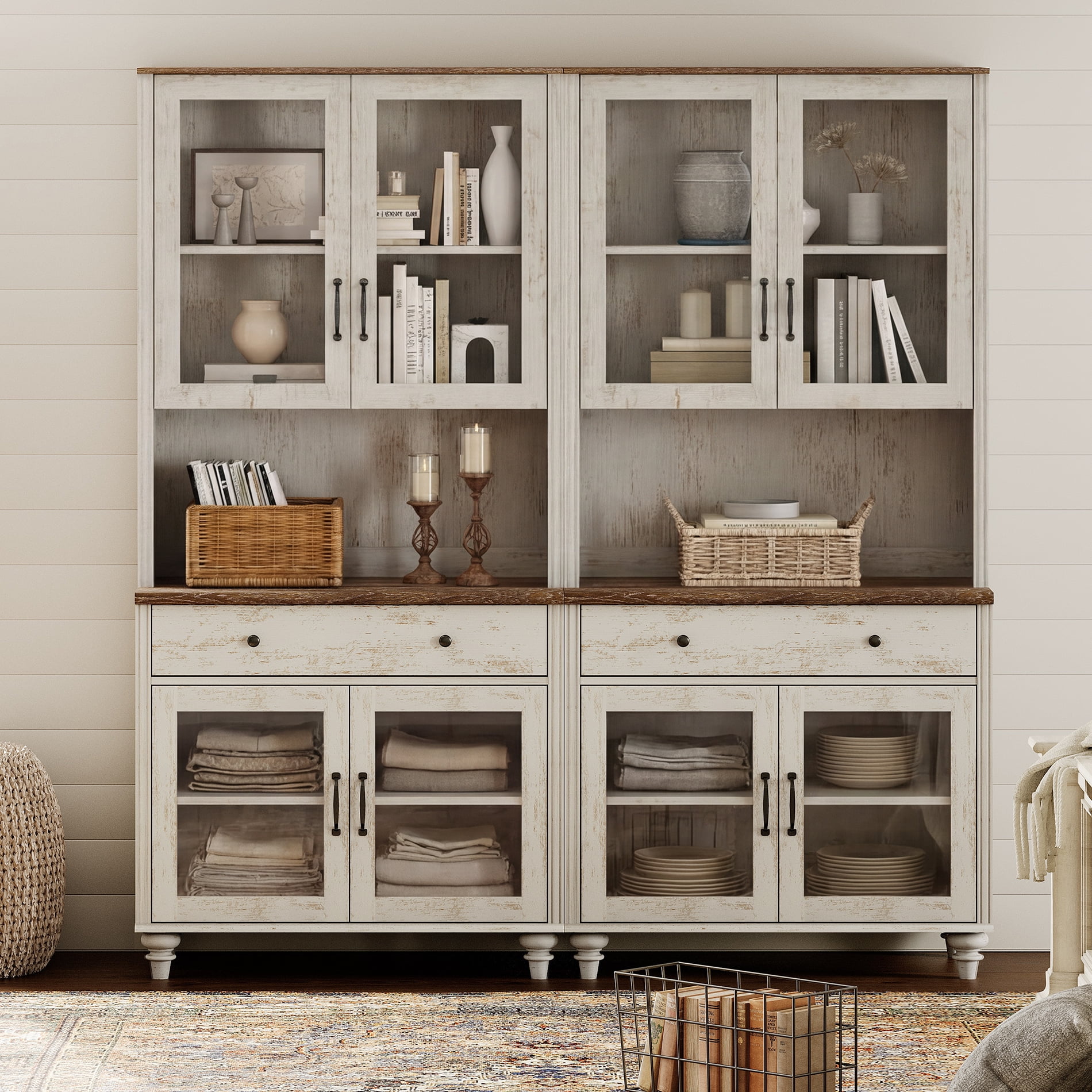 72.1"H × 67.7"W Bookcase with Glass Doors and Drawer, Large Farmhouse Bookcase with Bar Hutch, Suitable for Living Room, Bedroom, Home Office & Kitchen, Rustic white