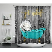 HVEST Get Naked Shower Curtain for Bathroom Decor,Flowers in Teal Bathtub Shower Curtain with Hooks Set,Country Farmhouse Polyester Waterproof Durable Fabric Bath Accessories,72x78 Inches