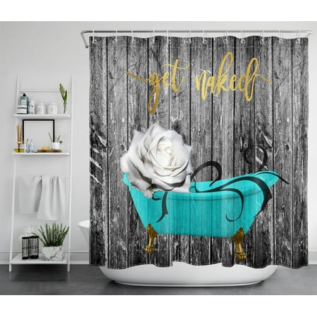HVEST Get Naked Shower Curtain for Bathroom Decor,Flowers in Teal Bathtub Shower Curtain with Hooks Set,Country Farmhouse Polyester Waterproof Durable Fabric Bath Accessories,72x78 Inches