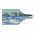 thumbnail image 1 of Farmland Cutting Board, Winter Snow Valley with Oak Borders Pines Frozen Pastoral High Cold Lands Art, Decorative Tempered Glass Cutting and Serving Board, Wine Bottle Shape, White Blue, by Ambesonne, 1 of 1