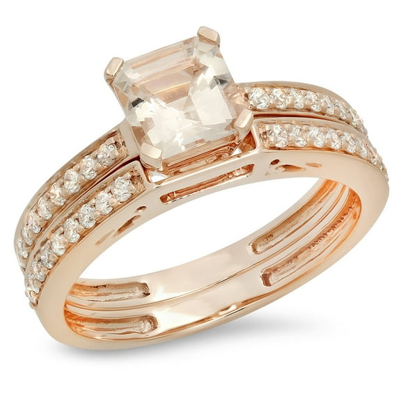 Dazzlingrock Collection 14K Asscher Morganite & Round White Diamond Ladies Bridal Engagement Ring Set, Rose Gold, Size 9