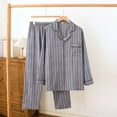 thumbnail image 2 of Kilaqueen Mens Cotton Pajama Set Striped Button Down Long Sleeve V Neck Notch Lapel Elastic High Waist Loungewear Sleepwear, 2 of 3