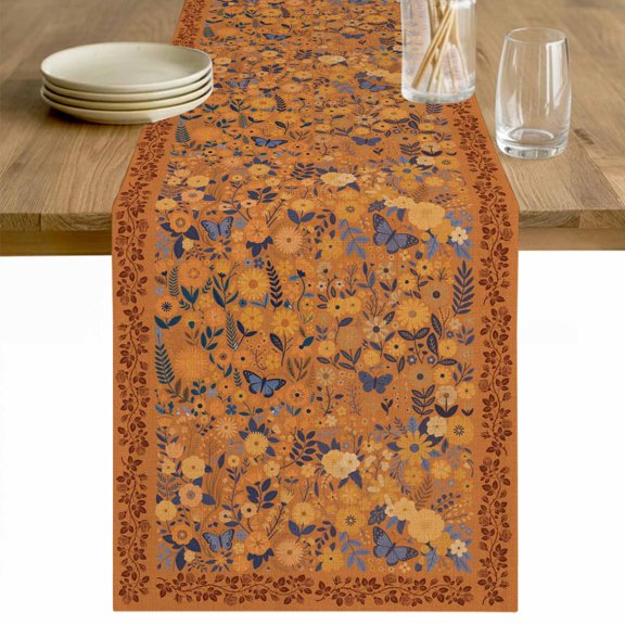 Boho Yellow Flowers Table Runner - 72 Inch Long Spring Abstract Watercolor Floral Leaf Cotton and Linen Blended Dress Scarves Farmhouse Table Runner for Kitchen Dining, Coffee Table, 13" x 72"