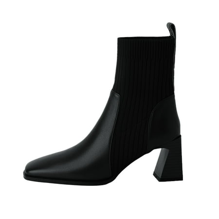 OJSFQUFP Winter Womens Boots Ladies French Vintage Square Head High Heels Knit Ankle Socks Boots Work Shoes Women Business Casual Boots Black 38