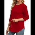 thumbnail image 3 of Blusas de Mujer con Mangas 3/4, Cuello Redondo, Túnicas Casuales, Camisas Plisadas Básicas, Corte Holgado, 2025 Rojo L, 3 of 5