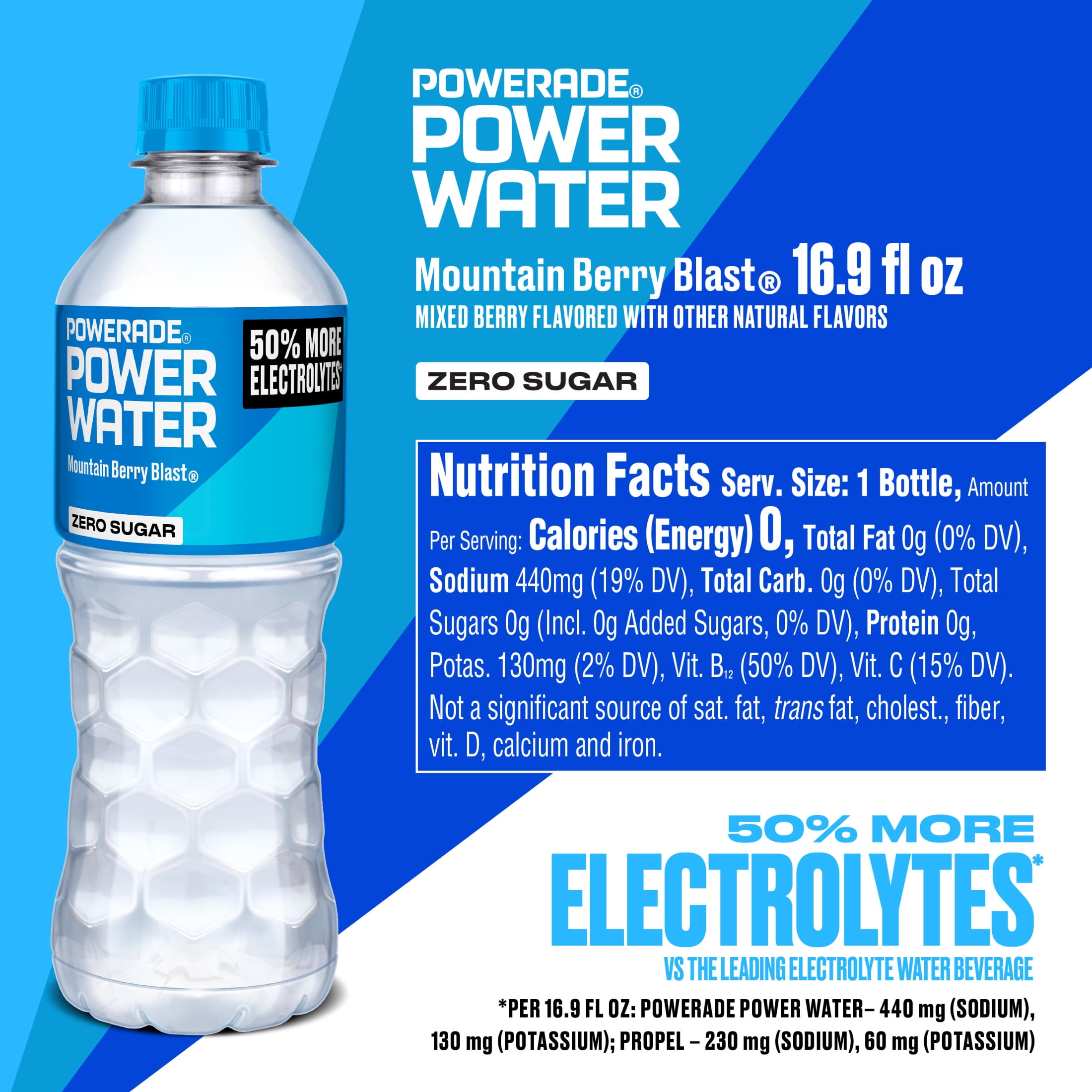 POWERADE Power Water Zero Sugar Mountain Berry Blast Electrolyte Water, 16.9 fl oz, 6 Pack