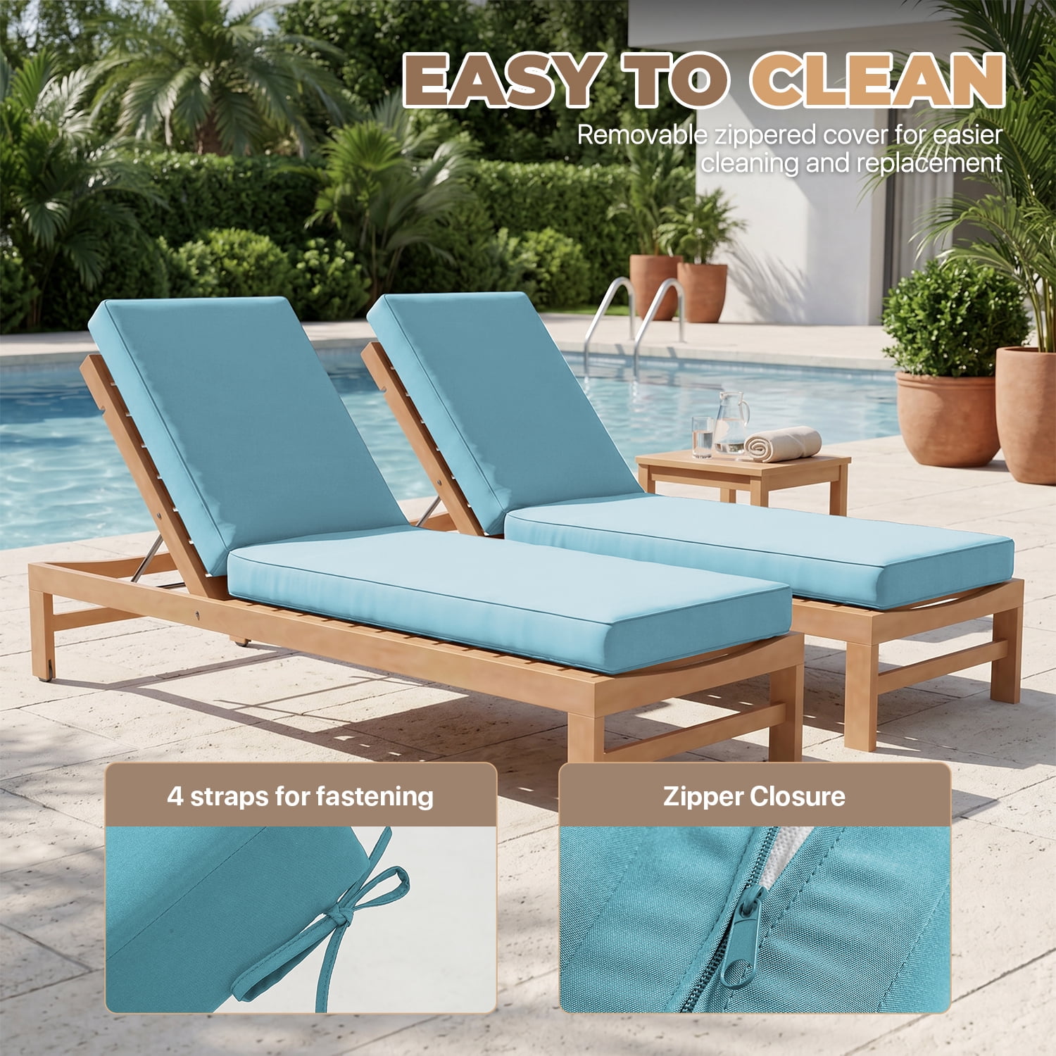 BaPiPro Sky Blue 2 Pack All-Weather Waterproof Outdoor Chaise Lounge Cushions, High-Density Foam Patio Pads with Detachable Zipper Covers & Non-Slip Ties for Pool Garden Backyard