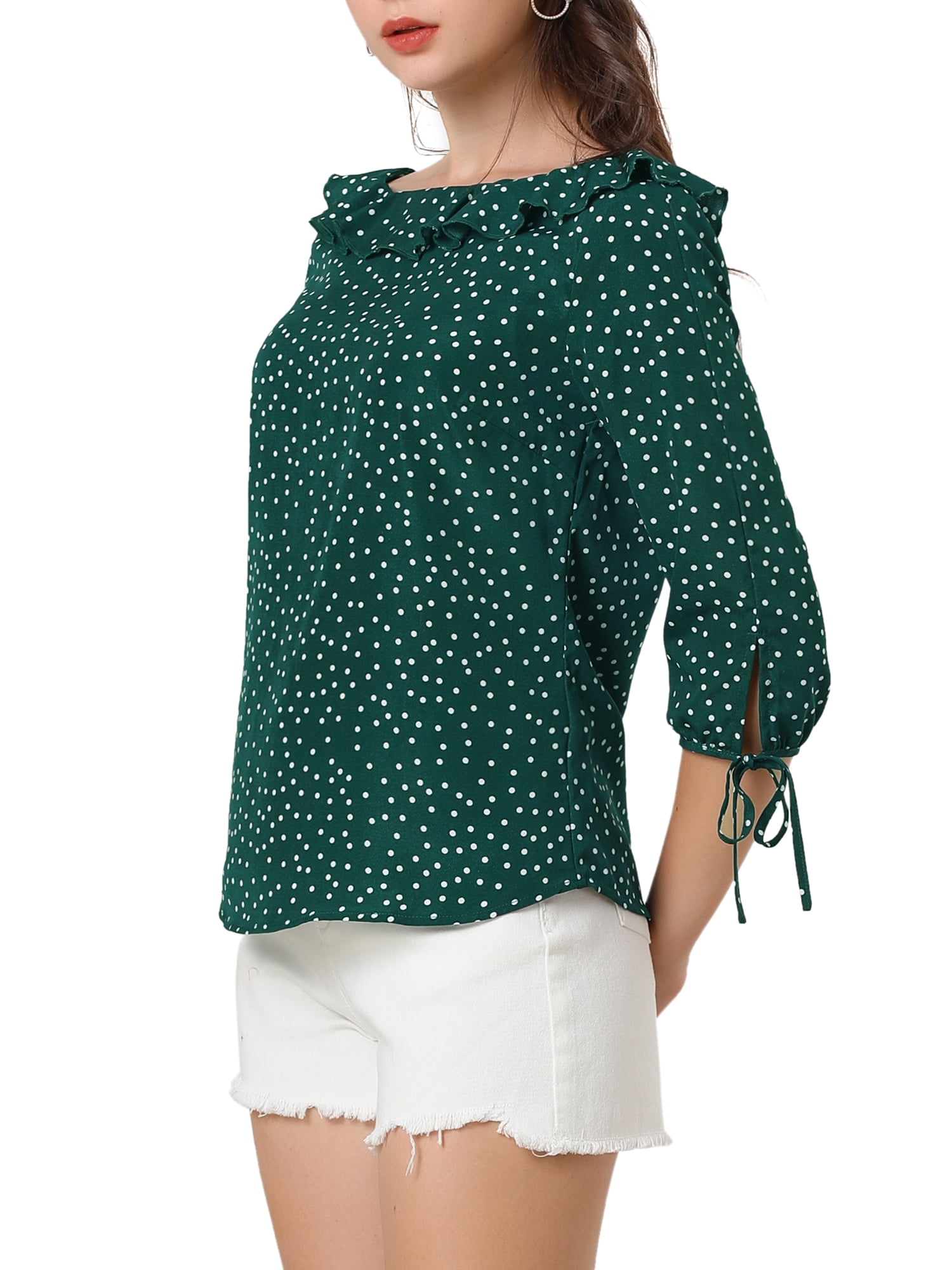 DARING DIVA Polka Dots Ruffled Neck 3/4 Sleeve Blouse Top S Green