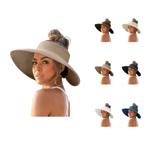 Women’s Sun Visors – Foldable Straw Wide Brim Hat UV Protection, Empty Top Ponytail-Friendly Summer Hat for Beach, Pool, Outdoor Hiking and Travel