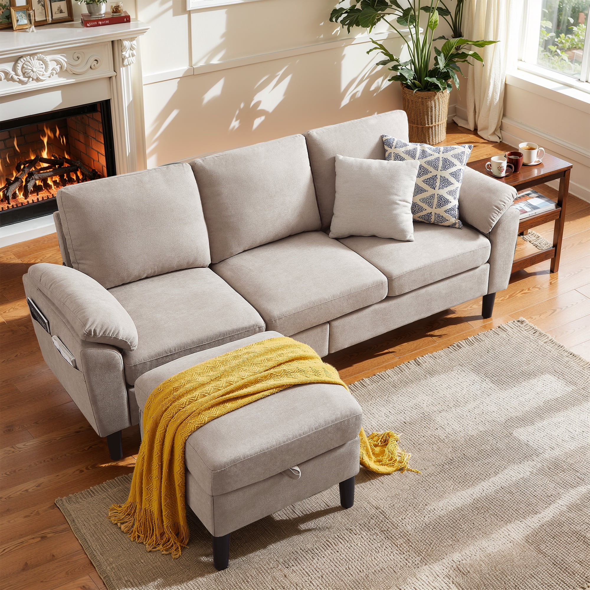 Pingliang Home 80" Sectional Sofa Couch,L Shaped 3 Seat with Reversible Storage Ottoman and Side Pockets, Modern Polyester Fabric Sofa Couches for Living Room Apartment Office Studio Small Space