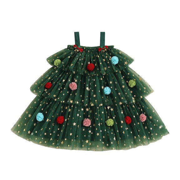 Little Girl Christmas Tree Dress Toddler Star Sequin Layered Tulle Tutu Dress Kids Pompom Embroidery Cake Smash Outfits Dresses