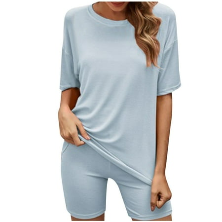 

Homenesgenics Womens Suit Plus Size Pajamas for Women 2021 Spring and Summer Casual Round Neck Top Tight Shorts Sports Suit