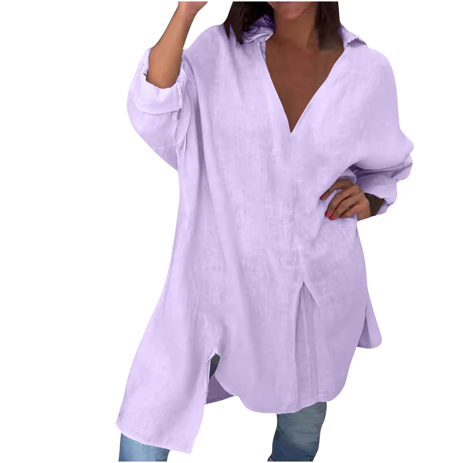 Women Cotton Linen Shirts Dress Long Sleeve Dress Shirts V-neck Blouses Beach Casual Solid Tunic Sundress
