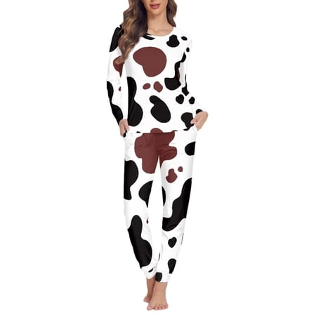 Renewold Pajamas for Women Brown Black Cow Printed Sweatpants Cozy Up Breathable Pajamas Top and Pants Home Life Sleep Nightwear Size 3XL