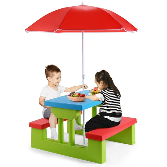 Kids Picnic Table Set Indoor Outdoor Toddler Table with Bench & Removable Umbrella Portable Children Play Set