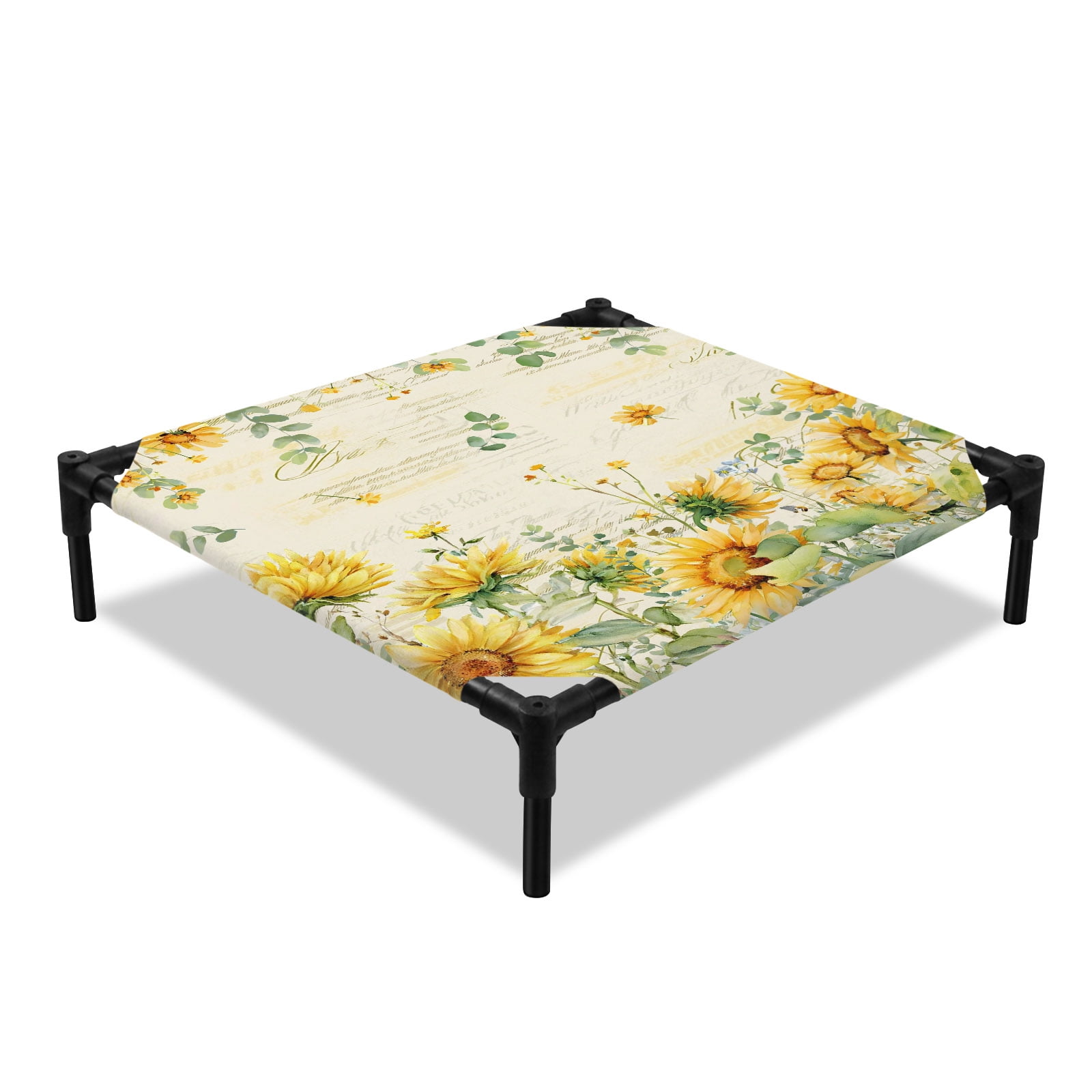 Summer Floral Elevated Dog Bed Watercolor Rustic Retro Sunflower Eucalyptus Leaves Cooling Breathable Outdoor Raised Dog Cot Bed with Metal Frame Non-Slip Feet for Small Dog 20x20in
