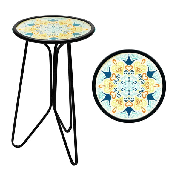 G128 12 in Round Glass Outdoor Side Table Green Mandala Pattern | Decorative Plant Stand, Small End Table for Garden Patio Porch Living Room