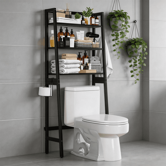 PHOARTS Over The Toilet Storage, Wooden 3-Tier Over-The-Toilet Rack Bathroom Space Saver Organizer, Freestanding Above Toilet with Toilet Paper Holder and Hooks(Black)