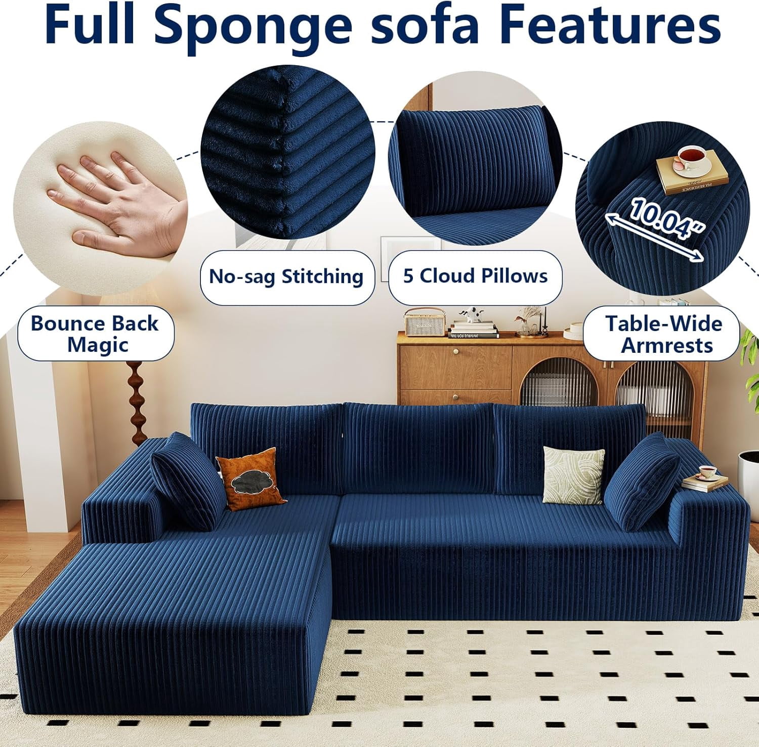 96-inch Modern Cloud Couch, L-Shaped Corduroy Sectional Sofa with Chaise, No Assembly Required, Deep Seating Modular Sofa for Living Room,Blue